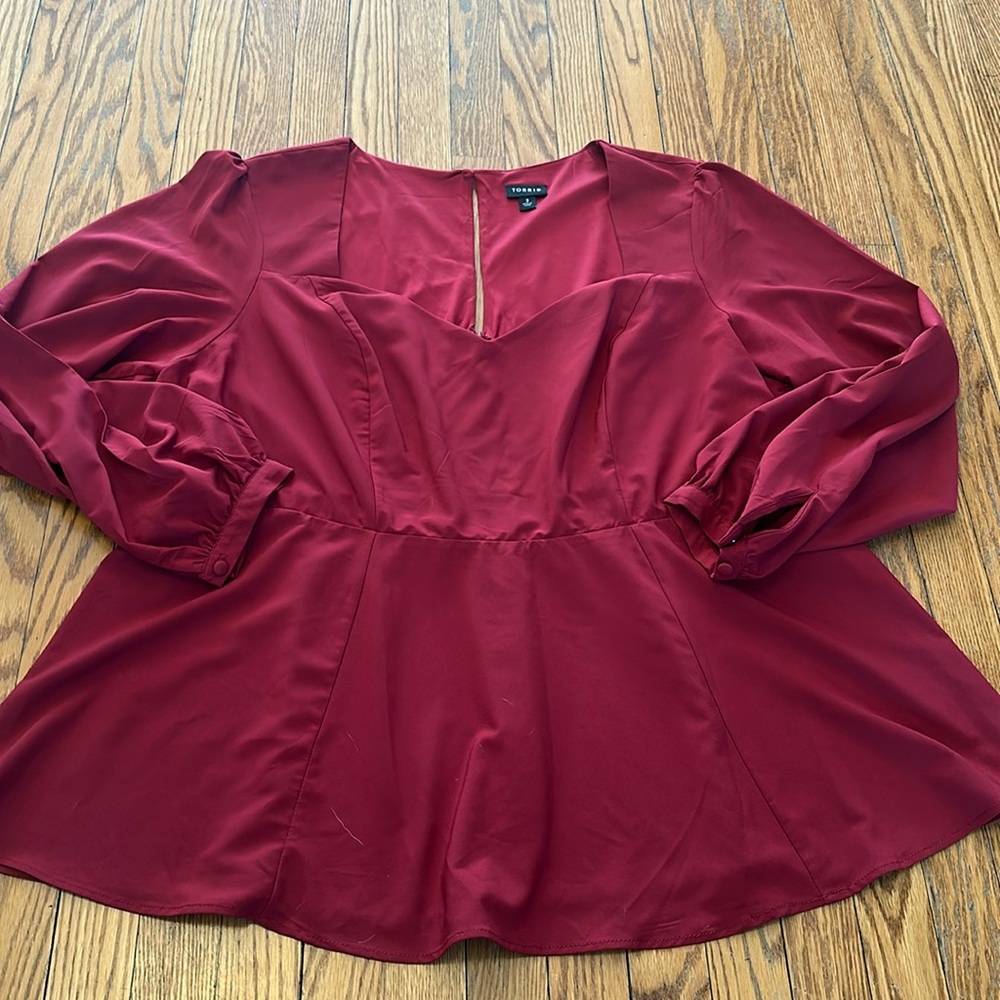 Torrid Babydoll Studio Knit Chiffon Sleeves Surplice Blouse Top Red Sz 3